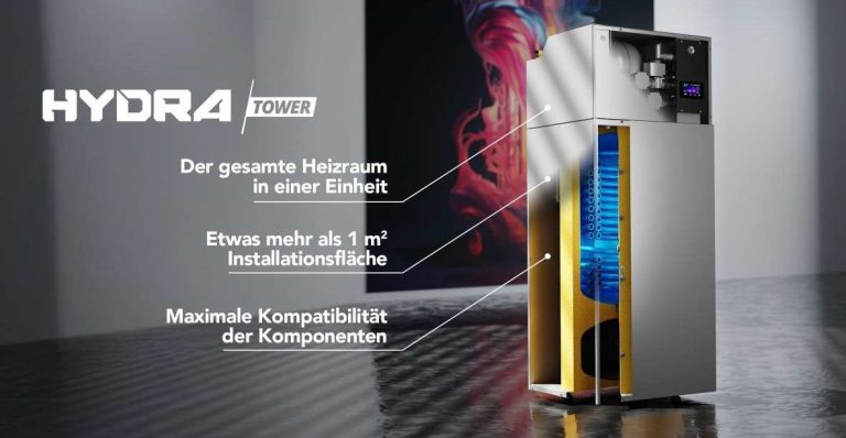 Ein moderner Wasserdispenser mit blauem Innenraum und technischen Details.